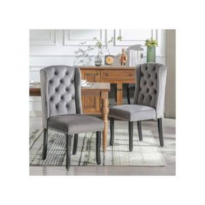 Ensemble de six chaises de salle &agrave; manger en velours avec pieds en ch&ecirc;ne, gris. - Neuf