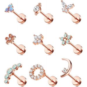 Kalhx-Boucle D'oreille Cartilage 16g Pour Femme Boucles D'oreilles À Dos Plat À Vis En Acier Inoxydable 316l Papillon Lune Fleur Opale Cartilage Tragus Daith Helix Boucles D'oreilles Piercing - Neuf