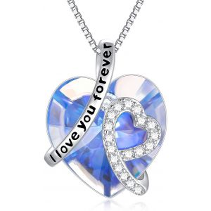 Collier Coeur Argent Sterling 925 "Je T'aime Pour Toujours" Pendentif Avec Cristal - Bijoux Cadeaux Anniversaire Pour Femmes Maman - Neuf
