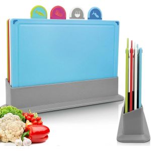 Lot De 4 Planches &Agrave; D&eacute;couper En Plastique Color&eacute; Avec Support Et Ic&ocirc;nes Alimentaires, Surface Antid&eacute;rapante Multifonction, Faciles &Agrave; Nettoyer Et Emp&ecirc;che La Contamination Crois&eacute;e Des Aliments - Neuf