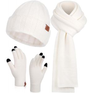 Jexnovashop-Femmes Hiver Chaud Bonnet Gants Tactiles Longue Echarpe Ensemble Tricoter Chapeau Avec Doublure Polaire Cadeaux Noel Femme Homme - Neuf