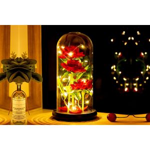 Trois roses sous cloche en verre illumin&eacute;es par des LED, id&eacute;ales pour la Saint-Valentin et la d&eacute;coration de mariage. - Neuf