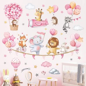 ERYI-Stickers Muraux Animaux Avec Ballons Rose Autocollant Mural Montgolfière Éléphant Lion Girafe Décoration Chambre Fille Enfants Bébé Pépinière Mur - Neuf