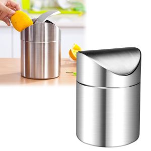 Mini Poubelle en Acier Inoxydable avec Couvercle de Balançoire Poubelle de Table Petite Poubelle Cosmétique pour Cuisine Chambre Bureau Coiffeuse Poubelle 12 x 16 cm - Neuf