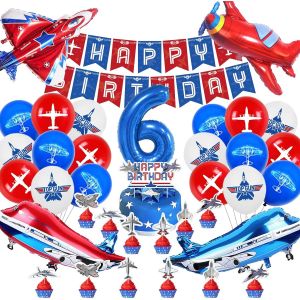 Avion Ballon Anniversaire 6 Anni,Décoration Avion Anniversaire Garçons Filles 52 Pcs,Avion de Chasse Fête Ballon en Aluminium Hélium,Avion Anniversaire Set Enfant avec Bannière Deco de Gâteau - Neuf