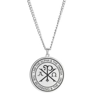 Kal-Collier Chi Rho Pour Homme - Symbole Grec Orthodoxe Alpha Omega - Médaillon Rond En Acier Inoxydable - Neuf