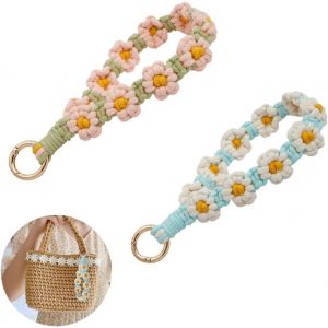 Kal-2 Pi&egrave;ces De Ruban Macram&eacute; Porte-Cl&eacute;s Boho Lanyard Court Porte-Cl&eacute;s Pour Femmes Porte-Cl&eacute;s Bracelet Macram&eacute; Bracelet Multicolore Avec Des Marguerites Comme Porte-Cl&eacute;s - Neuf