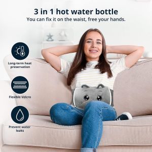 Ceinture Bouillotte 3 En 1, Bouillotte De 1 L Avec Housse, Jolie Ceinture Chauffante Pour Les P&eacute;riodes De Chat, Parfaite Pour Le Ventre, Le Dos, Le Cou Et Les &Eacute;paules (Chat) 2-Gris Chat-2 - Neuf