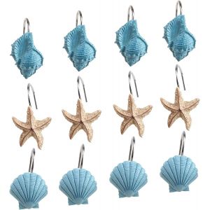Crochets de rideau de douche coquillages, 12 anneaux de rideau de douche, crochets décoratifs antirouille pour salle de bain, serviettes, vêtements (4 coquillages + 4 étoiles de mer + 4 conques) - Neuf