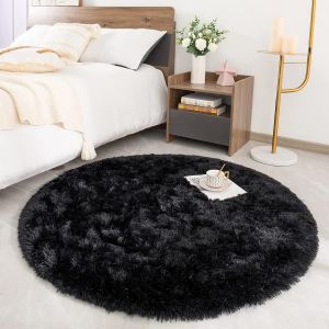 Sjzg-Tapis Rond Salon Shaggy Descente De Lit Chambre Grande Taille Tapis Moelleux Carpette Pour Chambre Tapis Décoratif De Style Moderne Pour Salon Chambre Canapé Natte(Noir,Ø 100 Cm Rond) - Neuf