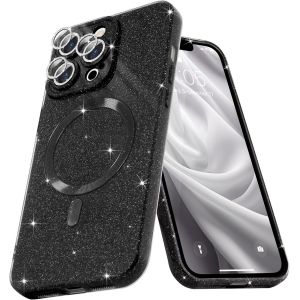 Kal-Coque Magn&eacute;tique Pour Iphone 15 Pro Max Etui &Agrave; Paillettes Brillant Compatible Avec Magsafe Charge Sans Fil Housse De Protection Antichoc Pour Appareil Photo Glitter Silicone Tpu Souple,Noir - Neuf