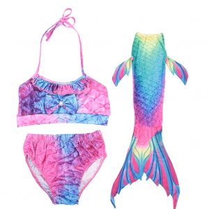 Maillot De Bain 3 Pieces Pour Fille Avec Queue De Poisson Et Bikini (130) - Neuf