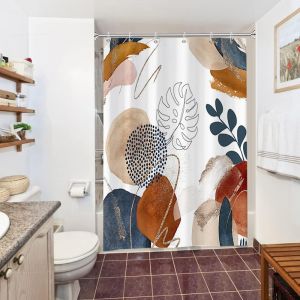 KAL-Rideau Douche Anti Moisissure, Rideau De Douche 150X180Cm Abstrait Terracotta Feuilles Bleu Rideaux De Baignoire Tissu Lavable Imperméable Polyester Rideaux Salle De Bain Avec 10 Crochets - Neuf