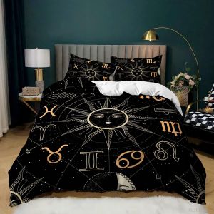Parure De Lit 3 Pieces 100 % Bambou Naturel Avec Housse De Couette Et Taies D'oreiller, Motif Soleil Et Lune, Avec Fermeture Éclair - Literie Douce Et Fraîche, Parfaite Pour Les So - Neuf