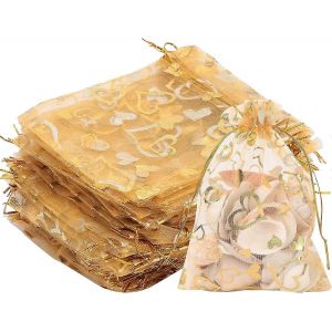 100Pcs Organza Sacs-Cadeaux en Or Organza Cordon de serrage Poches, Bijoux en Faveur des Bonbons Sacs Organza Sac avec le Coeur pour les mariages, Anniversaire, No&euml;l, Halloween - Neuf