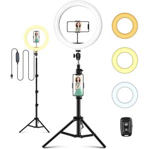 LORANKA-LED Selfie Ring Light avec Tr&eacute;pied, Anneau Lumineux 10"", avec T&eacute;l&eacute;commande Wireless pour Maquillage, Youtube, TikTok, Aliment&eacute; par USB 3 Modes d'Eclairage 11 Niveaux Luminosit&eacute; - Neuf