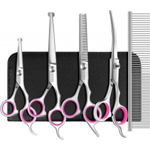 Ensemble De Ciseaux De Toilettage Pour Chien, 4cr En Acier Inoxydable &Agrave; Pointe Ronde De S&eacute;curit&eacute; Pour Animaux De Compagnie Outil De Toilettage Professionnel 5 Pi&egrave;ces Kit Pour Chiens, Chats - Neuf