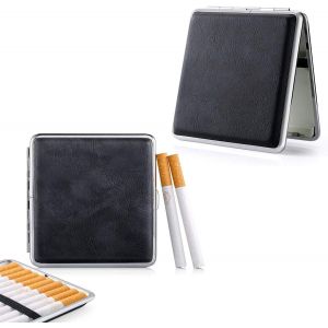 Lot de 2 étuis à cigarettes en métal et cuir synthétique - Convient pour 20 cigarettes à rouler ou à filtre - Étui élégant avec élastiques - Noir - Neuf