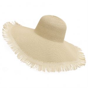 Chapeau De Soleil En Paille Pour Femme, Chapeau De Plage Tresse A Larges Bords Effiloches Avec Cordon, Chapeau D'ete Pour L'exterieur - Neuf