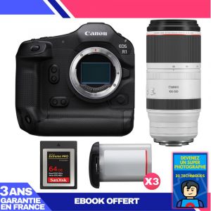 Boitier Canon EOS R1 + RF 100-500mm f/4.5-7.1 L IS USM + 1 SanDisk 64GB Extreme PRO CFexpress Type B + 3 Canon LP-E19 + Ebook 'Devenez Un Super Photographe - Neuf