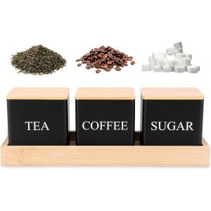 Lot De 3 Bo&icirc;tes &Agrave; Th&eacute;, Caf&eacute; Et Sucre En M&eacute;tal Avec Couvercle En Bambou Et Plateau De 500 Ml De Grande Capacit&eacute; Pour Cuisine, Comptoir, Bo&icirc;te De Rangement Pour Haricots, Granul&eacute;s, Th&eacute;s (Noir - Neuf