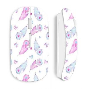 Souris blanc Sans Fil Plumes et coeurs rose et bleu - Neuf