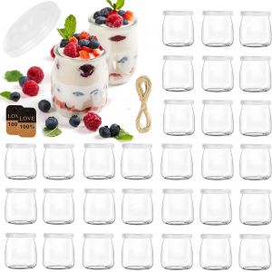 Jexnovashop-Pots Yaourts Avec Couvercle 200 Ml Lot De 30 - Petits Pots En Verre,Petit Pot En Verre Pour Confiture - Bocaux &Agrave; Dessert - Avec Couvercle - Pour Pudding, Lait, Yaourt, Ap&eacute;ritif - Neuf