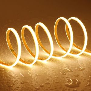 Ruban Led Cob 5m Blanc Chaud 3000k Etanche, Extra Fine 5mm Largeur, Bande Led 12v Exterieur, 400led/M Cri>90 Autocollant, D&eacute;coupable, Pour Cuisine, Armoire, D&eacute;coration De La Maison - Neuf