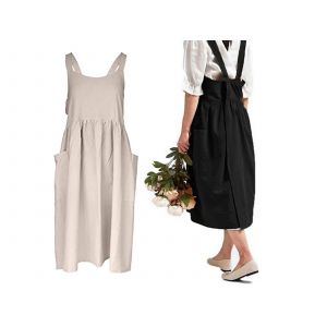 Tabliers Crois&eacute;s En Coton Et Lin Avec Poches - Noir Et Beige - Neuf