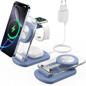 Station De Charge Sans Fil 3 En 1 Pour Mag-Safe, Chargeur Magnétique Sans Fil Pliable Et Réglable, Support De Charge De Voyage Mag-Safe Avec Lumière Pour Iphone 16/15/14, Airpods, Apple Watch, Blanc - Neuf