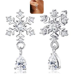 Kal-925 Sterling Argent D'oreilles Flocon Neige Boucles D'oreilles Flocon Neige Pour Femmes Pendantes Flocon Neige Noël Perle Scintillante Hypoallergéniques Flocon Neige Cz Bijoux Noël Cadeaux - Neuf