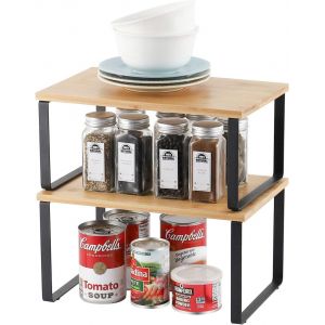 TIANYI-Lot de 2 &eacute;tag&egrave;res de rangement en m&eacute;tal pour placard de cuisine, Bambou Etag&egrave;re Vaisselle, Organisation placard cuisine,comptoirs, garde-manger, aliments et ustensiles - Neuf