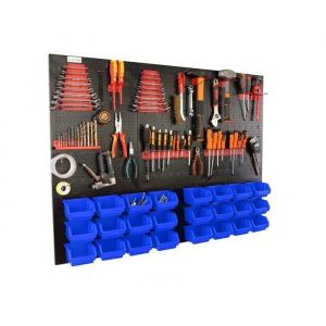 botle&reg; Panneau perfor&eacute; m&eacute;tallique, bacs empilables + &eacute;tag&egrave;re murale + porte-outils, lot de 51 pi&egrave;ces, 24 bacs bleus empilables - Neuf