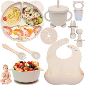 Kal-Coffret Repas Bebe 10 Pièces, Assiette Bebe Set Vaisselle Antiderapant Silicone Avec Ventouse Assiette Bol Fourche Cuillère Bavoir Et Tasse, Enfant Set Couverts Vaisselle, Sans Bpa, Beige - Neuf
