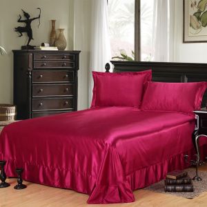 Hjlian Parure De Lit 3 Pieces En Satin De Soie, Couleur Unie, Housse De Couette, Drap, Taies D'oreiller, Pour Lit Double (Bordeaux) - Neuf