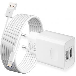 Chargeur iPhone, [Certifi&eacute; Apple MFi] Prise USB avec Cable 1,5M pour iPhone 14/13/12/11 Pro/XS/XR/SE/X/8/7 Plus/6S/5/5C/5S,iPad, 5V 2.4A Double USB Charger Adaptateur Secteur Mural Alimentation - Neuf