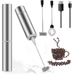 Mousseur &agrave; lait en acier inoxydable - Mini batteur &eacute;lectrique rechargeable par USB - Avec 2 vitesses - 3 t&ecirc;tes de fouet - Batteur &agrave; lait portable - Pour cappuccino, latte, macchiato et chocolat chaud - Neuf