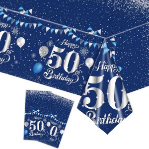 Tianyi-2 Pi&egrave;ces Nappe Bleu Marine Decor F&ecirc;te D'anniversaire Pour 50 Ans, 137x274cm Nappe Plastique Et Rectangulaire D&eacute;coration De Table Joyeux Anniversaire Pour Homme Femme D&eacute;coration Anniversaire - Neuf