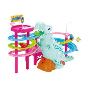 Circuit de course de dinosaures &eacute;lectriques avec musique, lumi&egrave;res et toboggan pour enfants - Neuf
