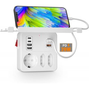 PD20W USB Prise avec Interrupteur,Prise Multiple avec Charge Rapide QC18W et PD3.0,Multiprise Murale 3 Prises 6 Chargeur USB,Multiprise Electrique Adaptateur Prise Rotative avec étagère,Blanc - Neuf