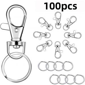 Lot De 100 Mousquetons Pivotants En Alliage (50 Boucles Argentées Pour Chien + 50 Anneaux Plats Pour Clés) Pour Porte-Clés, Accessoires De Bricolage, Sacs, Clés, Loisirs Créatifs-Générique - Neuf