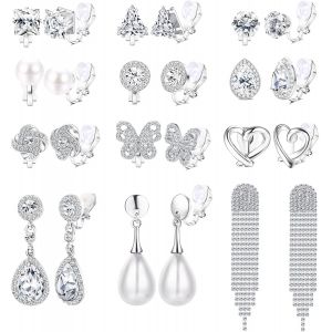 12paires Boucles D'oreilles À Clip Pour Femme Filles Non Percées Perle Cristal Strass Argent Or Pendantes Boucles D'oreilles À Clip À La Mode - Neuf