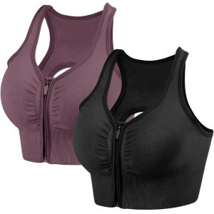 Jexnovashop-2 Pi&egrave;ces Brassi&egrave;re Sport Femme Zipp&eacute;e Devant, Soutien Gorge De Sport Femme Sans Armature Sans Couture Push Up Sport Bra Avec Coussinets Amovibles - Neuf