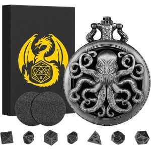 Eryi-Lot De Mini Dés Dnd, Steampunk Argent Foncé Coquille De Montre De Poche Pieuvre Creuse, 7 Pièces En Métal Polyédrique Ensemble De Dés D&d, Cadeaux Dnd Avec Boîte Cadeau, Accessoires De Jeu De So - Neuf