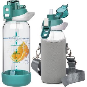 0.6l Sport Gourde Verre Avec Paille & Heure De Motivation 600ml Bouteille D'eau Verre Sans Bpa Avec Marqueur De Temps.[B790] - Neuf