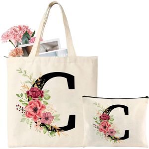 Sjzg-Sac Fourre-Tout En Toile Avec Initiale, Sac Cadeau Personnalis&eacute; Avec Trousse De Maquillage Florale, Adapt&eacute; Pour Mariage, Anniversaire, Plage, Vacances, Excellent Cadeau Pour Femme, Maman - Neuf