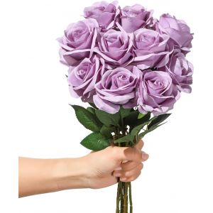 Lot de 10 roses artificielles en soie - 54 cm - Longue tige - R&eacute;alistes - Pour bricolage, fleurs de mariage, bouquets de mari&eacute;e, arrangements, f&ecirc;tes et d&eacute;coration de maison (lilas) - Neuf