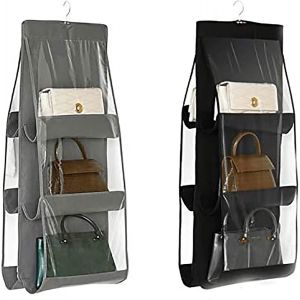 Organiseur de sac à main suspendu, 2 pièces, 6 poches, anti-poussière, sac de rangement pour armoire, placard, système d'organisation peu encombrant, lavable (noir + gris) - Neuf