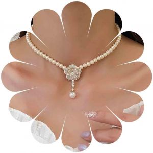 Kales-Collier Tour De Cou Perle Boho Collier Pendentif Fleur Perle Collier Perle D'eau Douce Collier Camélia Blanc Chaîne Collier Fleur De Camélia Collier Pendentif Perle De Cristal - Neuf