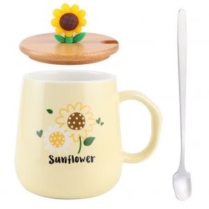 Hjlian Tasse En Ceramique De 420 Ml Avec Cuillere Et Couvercle, Ideale Pour Le Cafe, L'eau Et Le Lait, Ideale Comme Cadeau. Tournesol Jaune, 420 Ml. - Neuf